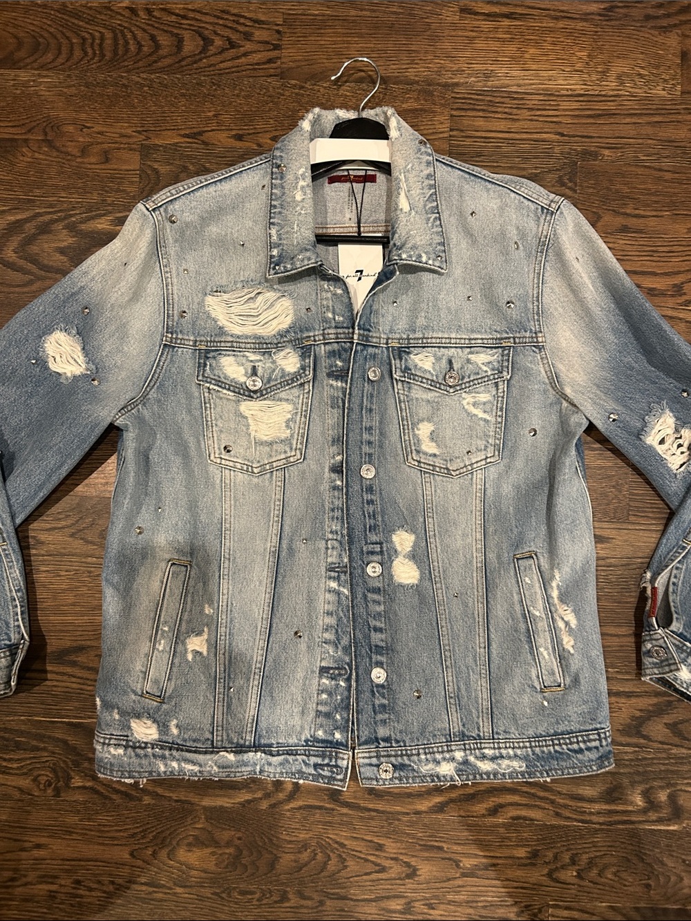 NWT! 7 For All Mankind Oversized Distressed Denim Jacket With All Over Studs! M! - Picture 13 of 16
